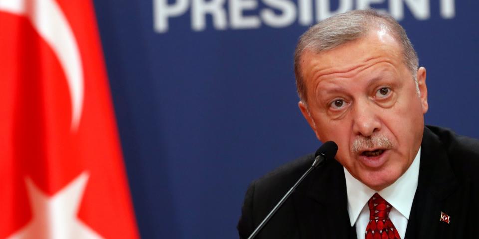 Turkey's President Recep Tayyip Erdogan speaks during a joint news conference after talks with his Serbian counterpart Aleksandar Vucic in Belgrade, Serbia, Monday, Oct. 7, 2019. Erdogan is on a two-day official visit to Serbia. (AP Photo/Darko Vojinovic)