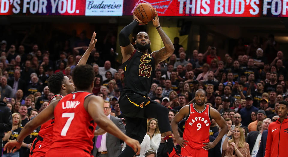 LeBron James hits the winning shot in Game 3. (Photo by Gregory Shamus/Getty Images)