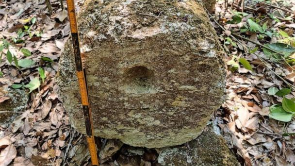 PHOTO: A stone column is pictured after archaeologists from Mexico's National Institute of Anthropology and History discovered an ancient Mayan city inside the Balamku ecological reserve in Campeche state, Mexico on June 20, 2023. (National Institute Of Anthropology and History via Reuters)