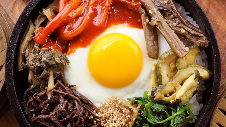 Overview of a bowl of bibimbap