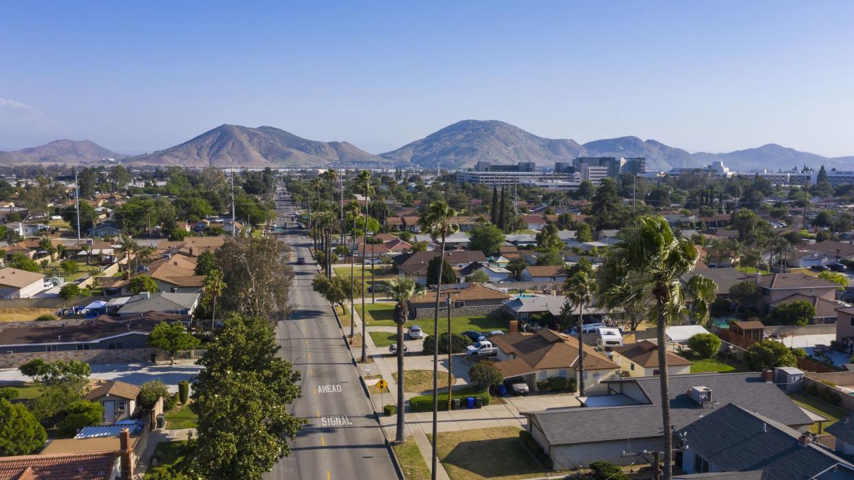 Daytime aerial view of the city center of Fontana, California.
