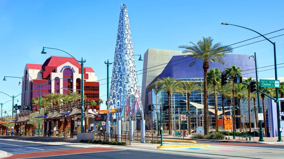 Mesa, Arizona, USA - March 5, 2019: Daytime view of the Mesa Arts Center and Center/Main St station in the heart of the downtown district.