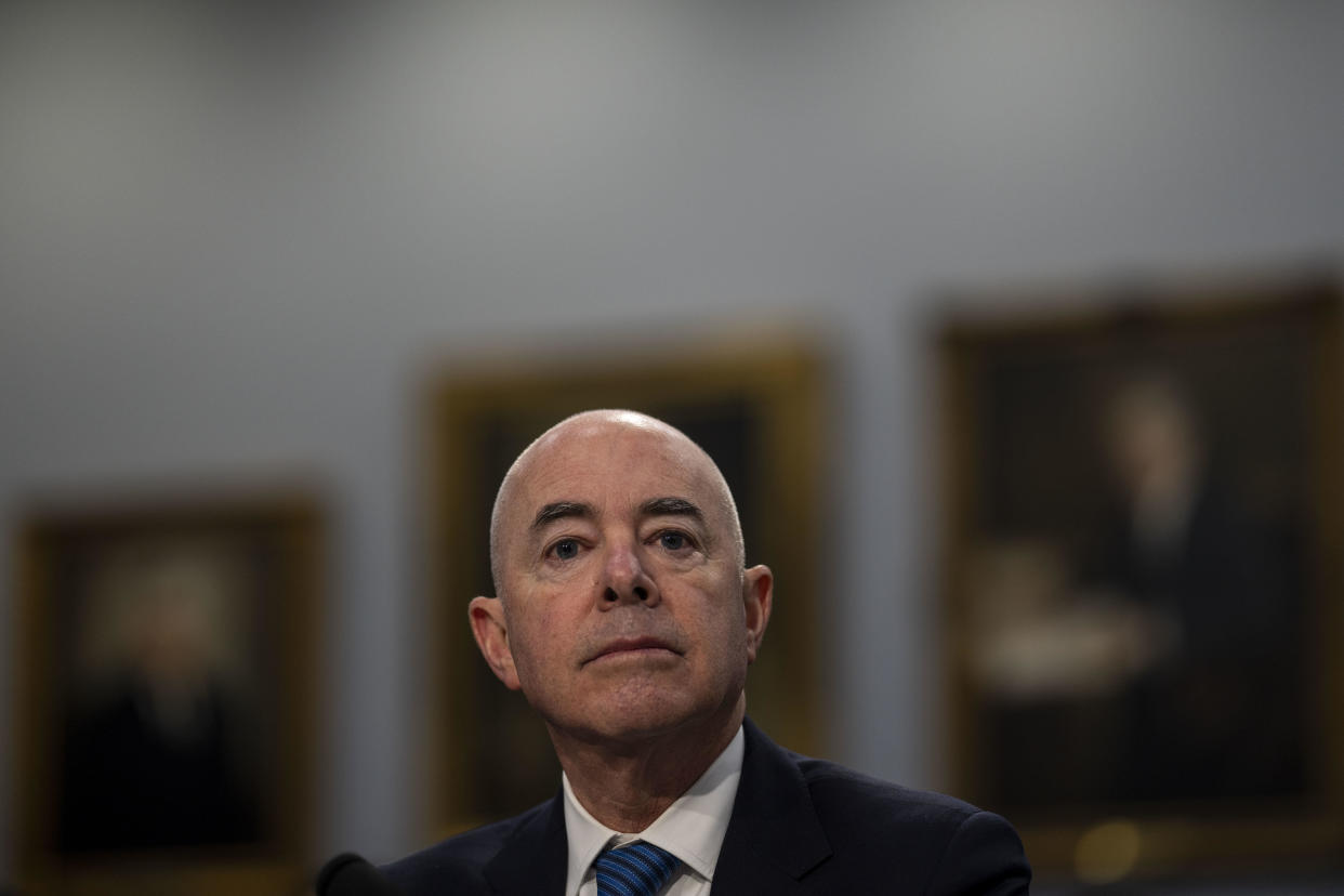 Homeland Security Secretary Alejandro Mayorkas testifies during a House Appropriations Homeland Security Subcommittee hearing on April 27, 2022.  / Credit: Kent Nishimura / Los Angeles Times via Getty Images