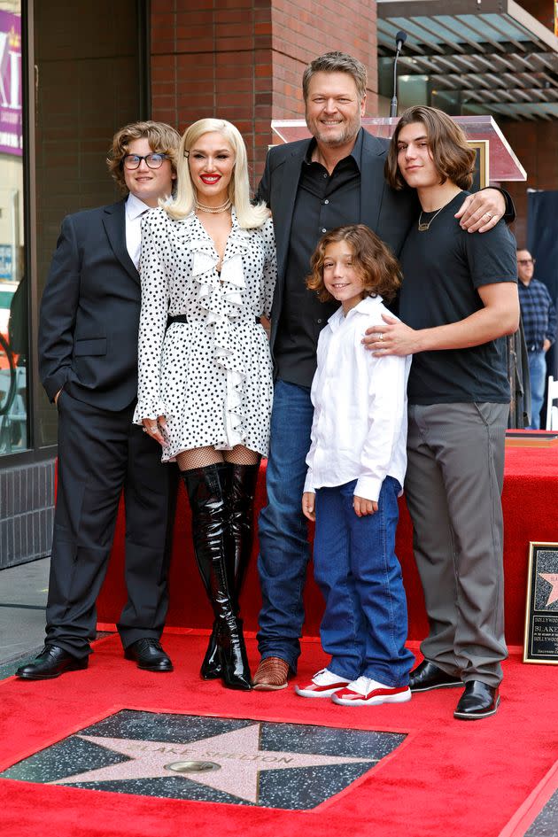 From Left: Zuma Rossdale, Gwen Stefani, Blake Shelton, Apollo Rossdale and Kingston Rossdale in 2023.