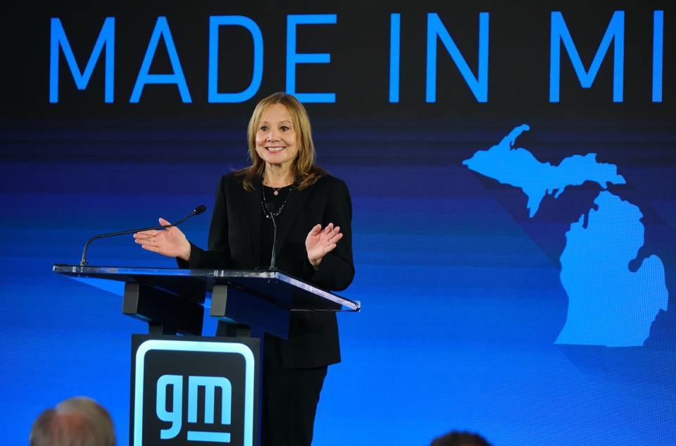 General Motors Chair and CEO Mary Barra announces on Jan. 25, 2022, a GM investment of more than $7 billion in four Michigan manufacturing sites that includes building a new Ultium Cells battery cell plant in Lansing and converting the GM Orion Assembly plant to build full-size electric pickups. The investment will create 4,000 new jobs and retain 1,000. Barra made the announcement from the Senate Hearing Room of the Boji Tower in Lansing, Michigan.