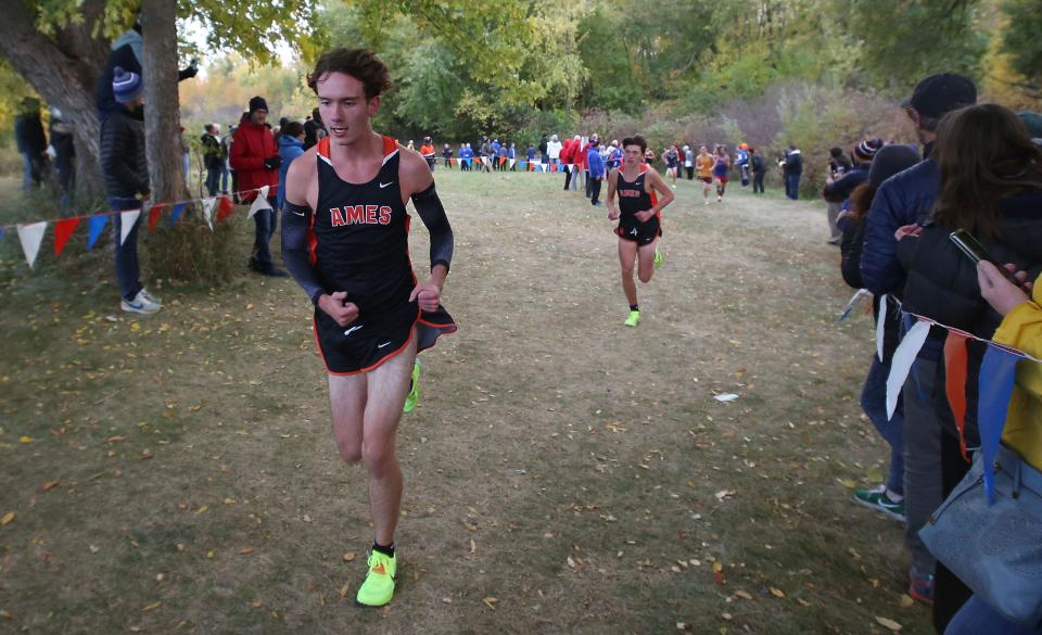 Ames' Grant Crespi placed second in the North Division during the varsity boys race at the Iowa Alliance Conference cross country meet Thursday at Marshalltown.