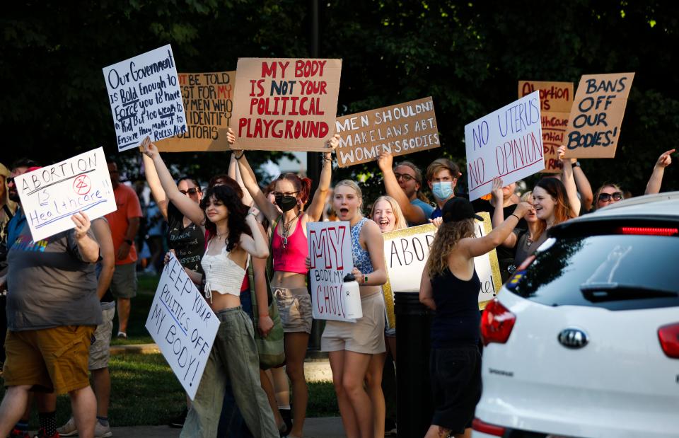 Abortion rights activists marched from the Park Central Square to the Federal Courthouse in Downtown Springfield on Friday, June 24, 2022 after the U.S. Supreme Court overturned Roe v. Wade. 