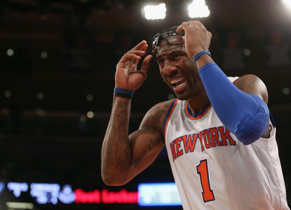 NEW YORK, NY - JANUARY 03: Amar'e Stoudemire #1 of the New York Knicks argues a call with the ref during the game against the San Antonio Spurs at Madison Square Garden on January 3, 2013 in New York City. NOTE TO USER: User expressly acknowledges and agrees that, by downloading and/or using this photograph, user is consenting to the terms and conditions of the Getty Images License Agreement. The Knicks fdefeated the Spurs 100-83. (Photo by Bruce Bennett/Getty Images)