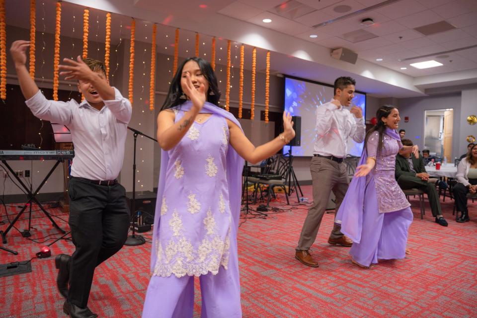 From left: Karma Tamang, Ankriti Subba, Aashis Neupane and Kopila Khanal dance during a Nepali Student Association event at OSU to celebrate the holiday of Dashain, in October 2022. The group is celebrating its New Years on Friday.