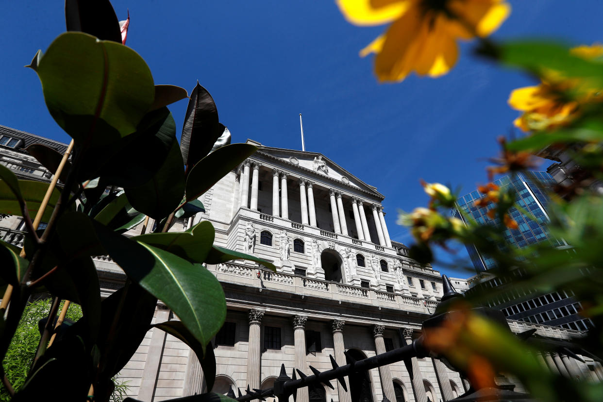 Flowers in bloom are sen opposite the Bank of England, in London, Britain August 1, 2018. REUTERS/Peter Nicholls
