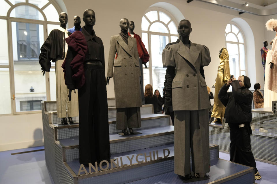 Creations of anOnlyChild are displayed at the fashion hub part of the women's Fall-Winter 2024-25 collection presented in Milan, northern Italy, Wednesday, Feb. 21, 2024. (AP Photo/Antonio Calanni)