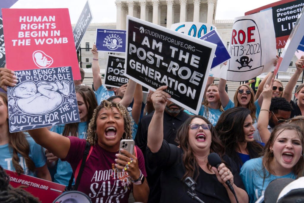 Demonstrators gather outside the Supreme Court in Washington, Friday, June 24, 2022. The Supreme Court has ended constitutional protections for abortion that had been in place nearly 50 years, a decision by its conservative majority to overturn the court’s landmark abortion cases. (AP Photo/Jose Luis Magana)