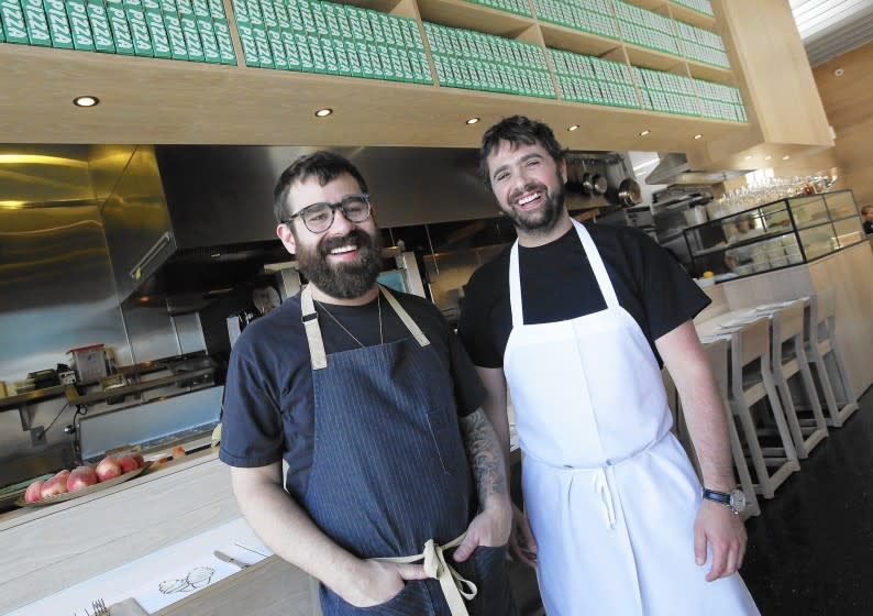 Jon & Vinny's chefs Vinny Dotolo, left, and Jon Shook, the team behind Animal, Son of a Gun and Trois Mec, have opened their red-sauce-but-sophisticated Italian restaurant in the old Damiano Mr. Pizza Space on Fairfax Avenue.