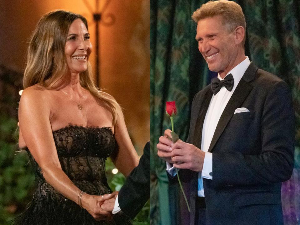 A side-by-side image of Leslie, smiing in a strapless bejeweled black dress, and Gerry, smiling in a tuxedo with a rose in his hand.