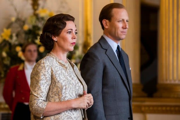 A photo of Olivia Coleman and Tobias Menzies as Queen Liz and the Duke of Edinburgh respectively on set of The Crown season three.