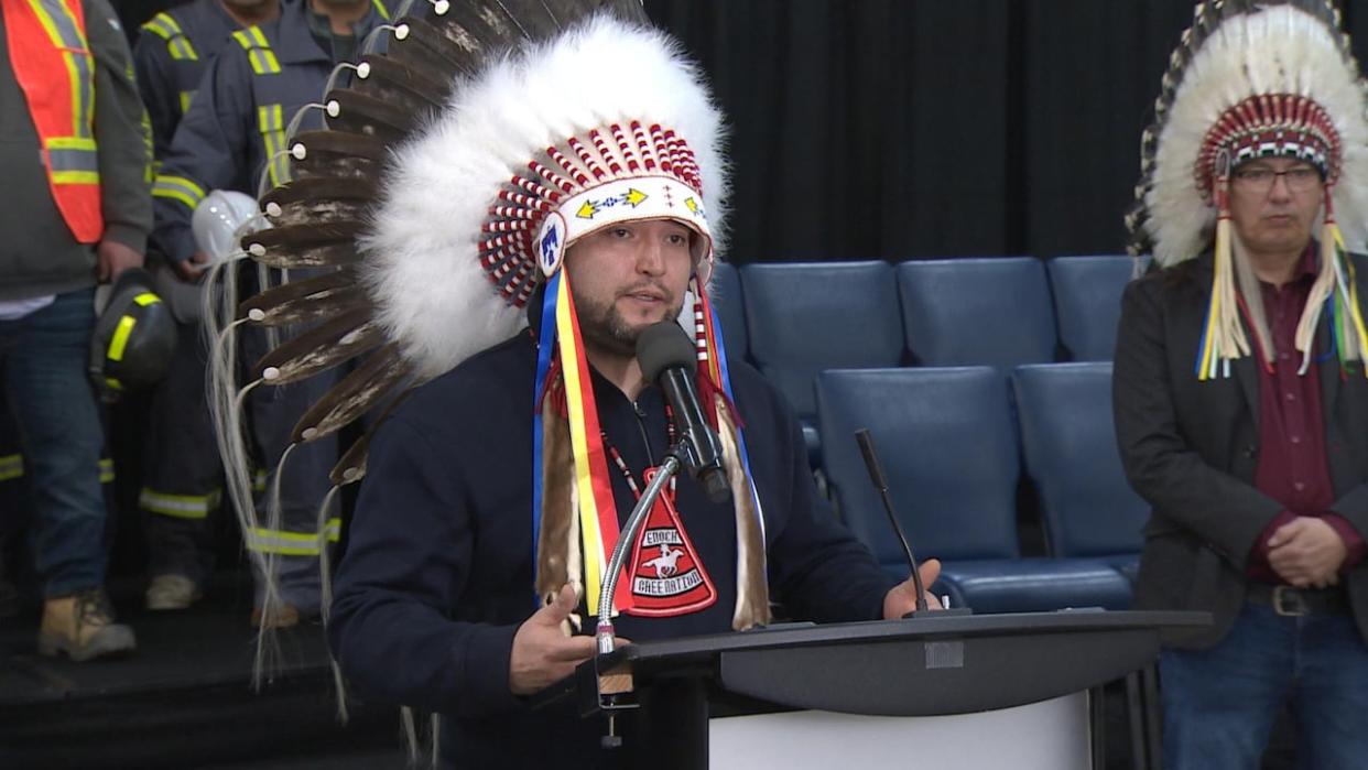 Enoch Cree Nation Chief Cody Thomas says the federal government has a moral obligation to help clean up First Nations land where its regulator allowed oil and gas companies to abandon equipment and contaminants. (Travis McEwan/CBC - image credit)