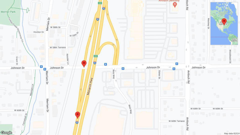 A detailed map that shows the affected road due to 'Merriam: Interstate 35 temporarily closed' on June 18th at 9:33 p.m.