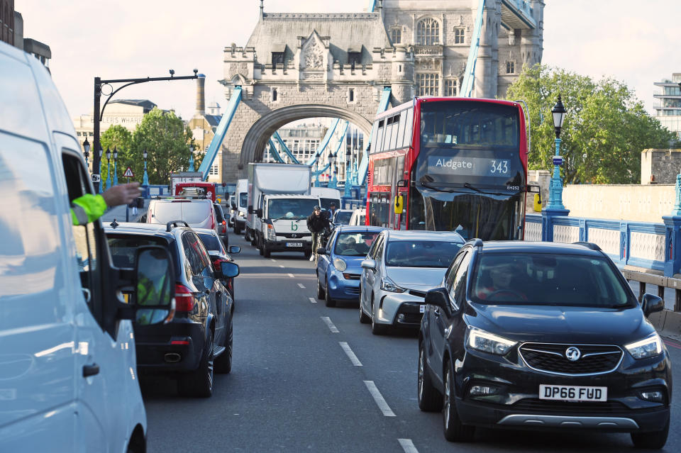 Bumper to bumper traffic on an approach road to Tower Bridge in London, the morning after Prime Minister Boris Johnson said people who cannot work from home should be "actively encouraged" to return to their jobs from Monday.