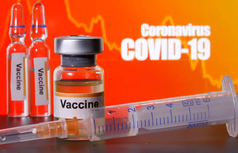 FILE PHOTO: Small bottles labeled with "Vaccine" stickers stand near a medical syringe in front of displayed "Coronavirus COVID-19" words in this illustration