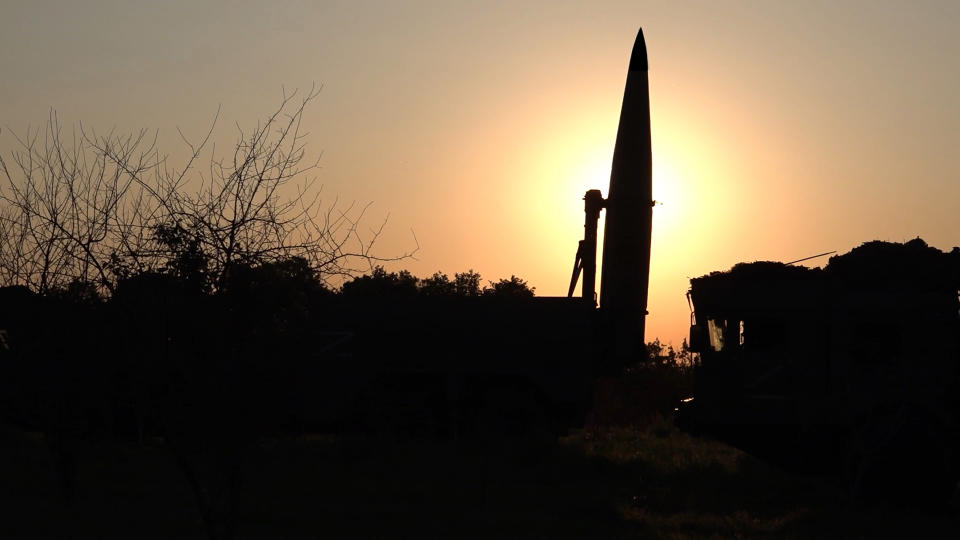 In this photo released by Russian Defense Ministry Press Service on Tuesday, May 21, 2024, a Russian Iskander missile is seen during drills to train the military for using tactical nuclear weapons at an undisclosed location in Russia. Russia's Defense Ministry on Tuesday said it began the first stage of drills involving tactical nuclear weapons. It was the first time Russia has publicly announced drills involving tactical nuclear weapons, although its strategic nuclear forces regularly hold exercises. (Russian Defense Ministry Press Service via AP)