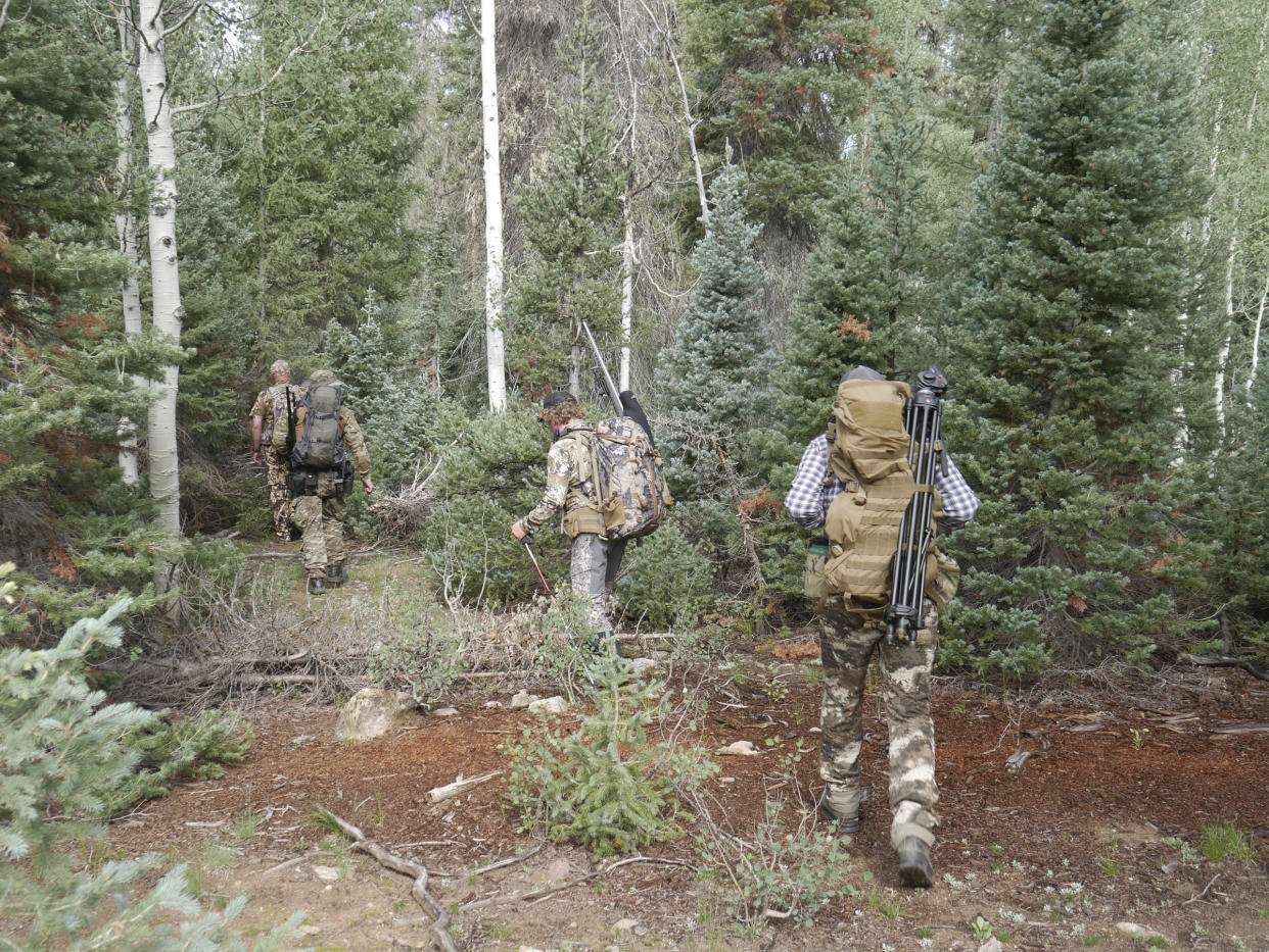 In this photo taken Aug. 11, 2021, and provided by the National Park Service, a crew led by the National Park Service heads out on the Grand Canyon's North rim in Arizona, in a trial run to shoot a bison. The agency wrapped up a pilot program this fall that allowed select volunteers to shoot bison to help reduce the animal's population and make them less comfortable at the Grand Canyon. (Michael Quinn/National Park Service via AP)