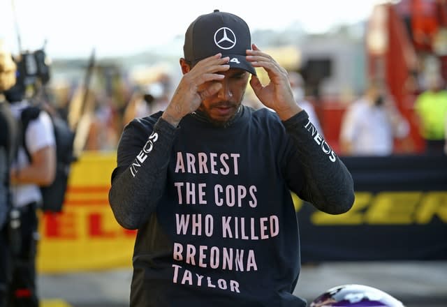 Hamilton wore the t-shirt before the race and while on the podium at the Tuscan Grand Prix