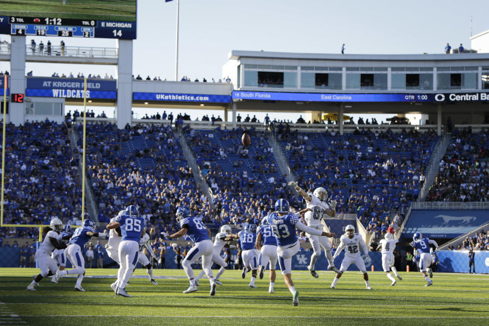 Kentucky place kicker Matt Panton punts the ball during the first half of an NCAA college football game against Eastern Michigan Saturday, Sept. 30, 2017, in Lexington, Ky. (AP Photo/David Stephenson)