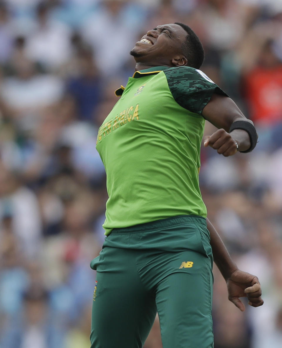 South Africa's Lungi Ngidi celebrates taking the wicket of England's Ben Stokes during the World Cup cricket match between England and South Africa at The Oval in London, Thursday, May 30, 2019. (AP Photo/Kirsty Wigglesworth)