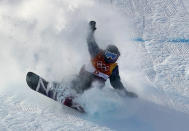 <p>Torgeir Bergrem, of Norway, crashes during the men’s slopestyle final at Phoenix Snow Park at the 2018 Winter Olympics in Pyeongchang, South Korea, Sunday, Feb. 11, 2018. (AP Photo/Lee Jin-man) </p>