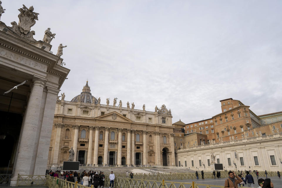 A view of St. Peter's Basilica at the Vatican, Wednesday, Jan. 10, 2024. Vatican officials unveiled plans Thursday, Jan. 11 for a year-long, 700,000 euro restoration of the 17th century, 95ft-tall bronze canopy by Giovan Lorenzo Bernini surmounting the papal Altar of the Confession of the Basilica, pledging to complete the first comprehensive work on this masterpiece in 250 years before Pope Francis' big 2025 Jubilee. (AP Photo/Andrew Medichini)