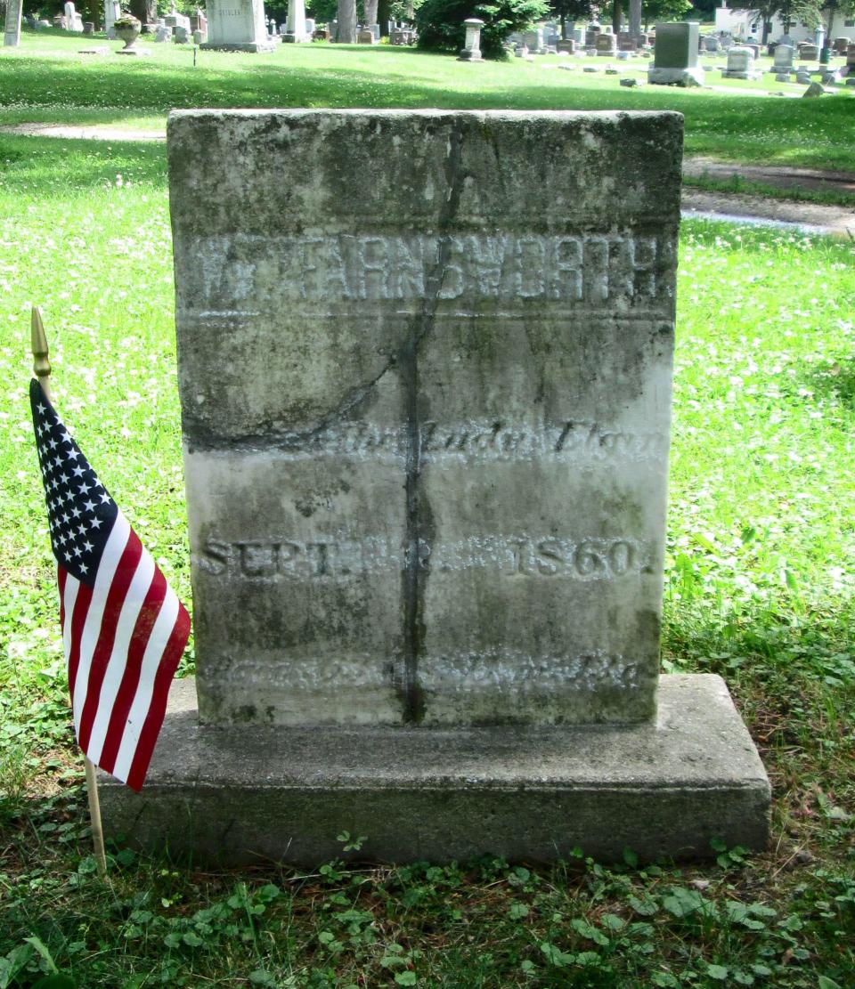 Cracked from the ravages of time, the tombstone of Sheboygan founder William Farnsworth as seen at Wildwood Cemetery in Sheboygan, Wis. Farnsworth was born April 13, 1796 in Vermont and died, September 8, 1860 during the sinking of the steamer Lady Elgin in Lake Michigan north of Chicago.