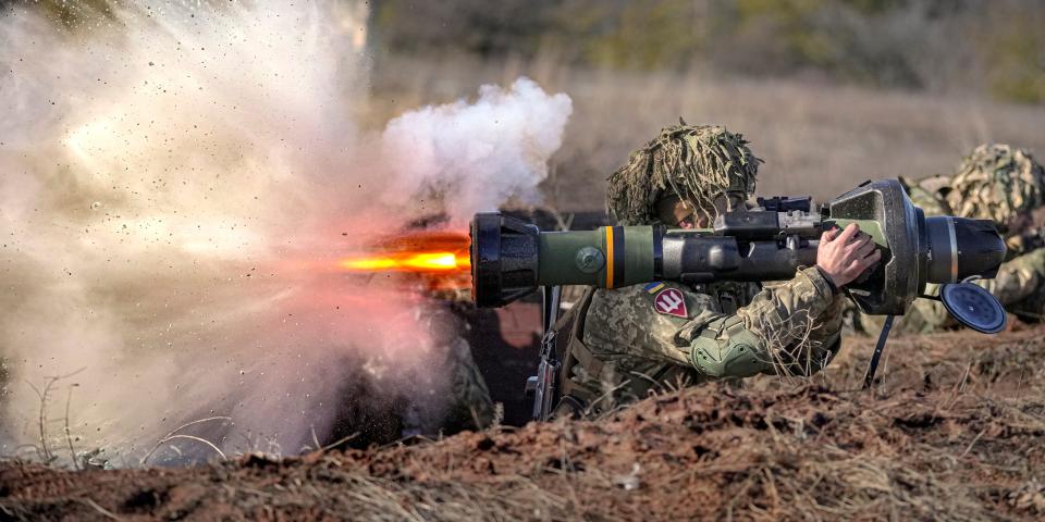 A Ukrainian serviceman fires an NLAW anti-tank weapon during an exercise in the Joint Forces Operation, in the Donetsk region, eastern Ukraine, on Feb. 15, 2022.