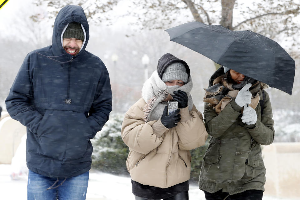 People walking the half mile from the Chicago Aquarium to the Adler Planetarium brace themselves as wind and snow blow Monday, Nov. 11, 2019, in Chicago. (AP Photo/Charles Rex Arbogast)