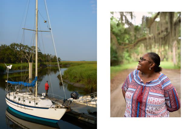 <p>Lindsey Harris Shorter</p> From left: A sailboat at the dock on Sapelo Island; Sharron Grovner, a Sapelo Island tour guide.