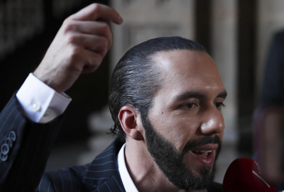 El Salvador's President-elect Nayib Bukele speaks to the press at Mexico's National Palace after meeting with the President Andres Manuel Lopez Obrador in Mexico City, Tuesday, March 12, 2019. (AP Photo/Marco Ugarte)