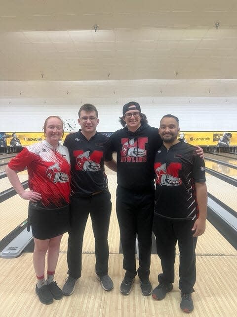 The Muskingum Men's and Women's Bowling teams had their highest finishes in school history with the men placing second and qualifying for USBC ITC Nationals and the women placing ninth. Seniors pictured are Kaylee Hauck, Andrew Amore, Logan Karl, and Ethan McDonald.