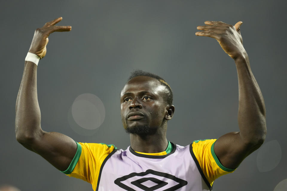 FILE- Senegal's Sadio Mane gestures prior to the start of the African Cup of Nations 2022 final soccer match between Senegal and Egypt at the Ahmadou Ahidjo stadium in Yaounde, Cameroon, on Feb. 6, 2022. (AP Photo/Themba Hadebe, File)