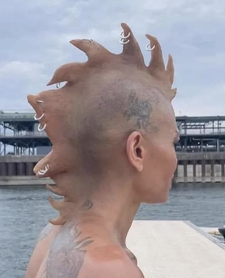 A person with a body modification on his head that looks like implants of a large, spiky mohawk adorned with circular jewelry stands on a waterfront