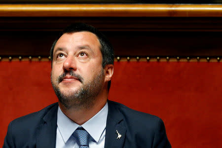 Deputy Prime Minister Matteo Salvini reacts in the upper house of the Italian parliament, in Rome, Italy March 20, 2019. REUTERS/Yara Nardi