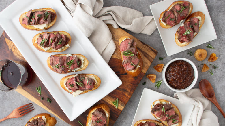 steak crostini on white plate