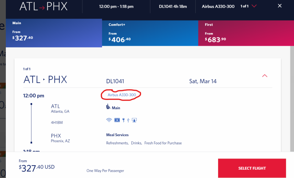 Travelers flying Delta Air Lines between Atlanta and Phoenix in March will find widebody jets on more flights than usual, including this March 20 flight on an Airbus A330-300.