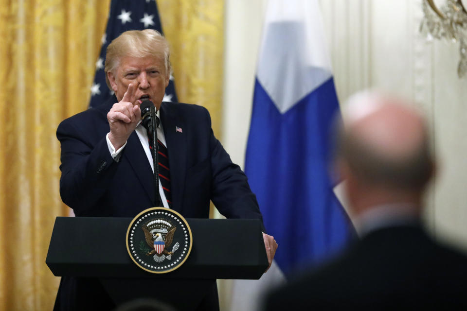 President Donald Trump speaks during a news conference with Finnish President Sauli Niinisto at the White House in Washington, Oct. 2, 2019. (Photo: Carolyn Kaster/AP)  