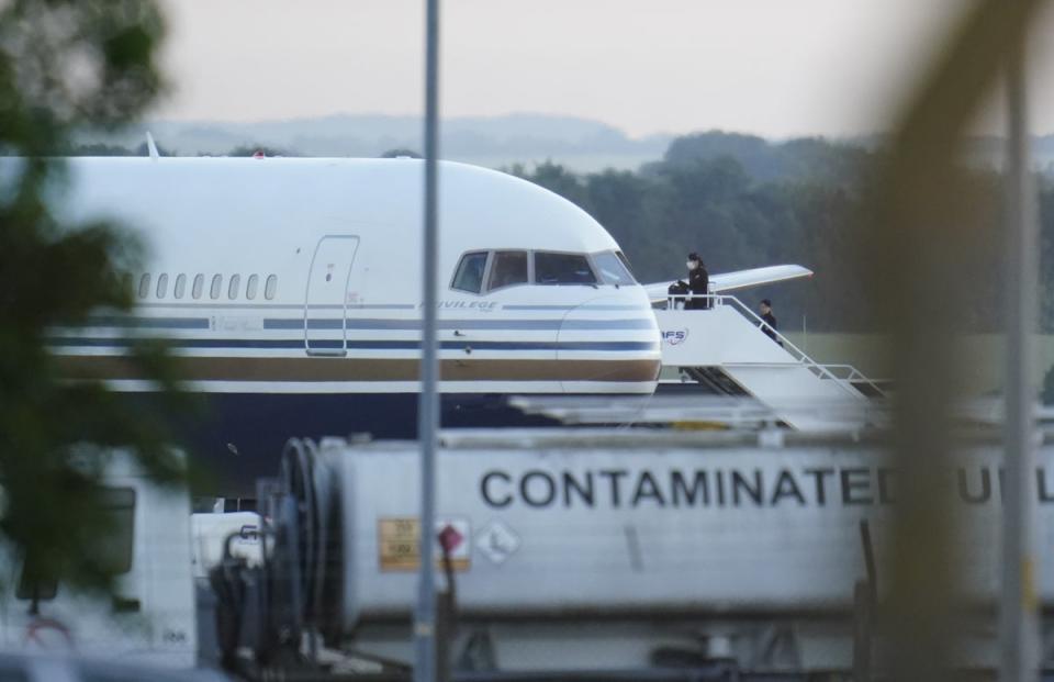 A Boeing 767 at MoD Boscombe Down, near Salisbury, which was believed to be the first plane set to take asylum seekers from the UK to Rwanda (PA) (PA Wire)