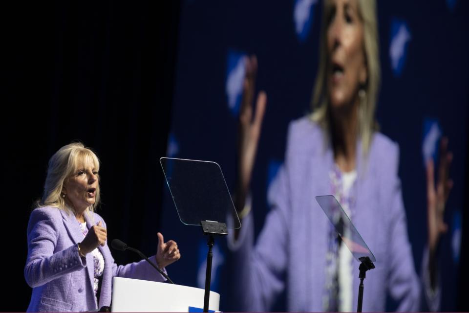 FILE - First lady Jill Biden speaks during the American Federation of Teachers convention, July 15, 2022, in Boston. (AP Photo/Michael Dwyer, File)