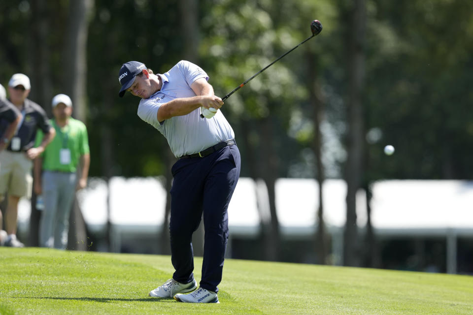 Sepp Straka, of Austria, hits on the fairway on the 17th hole during the final round of the John Deere Classic golf tournament, Sunday, July 9, 2023, at TPC Deere Run in Silvis, Ill. (AP Photo/Charlie Neibergall)