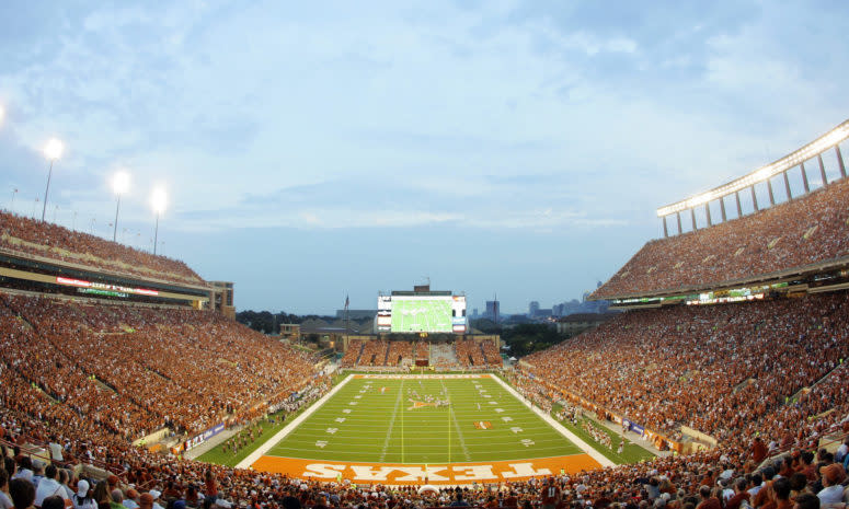 Fans cheer on the Texas Longhorns against the Louisiana Monroe Warhawks.