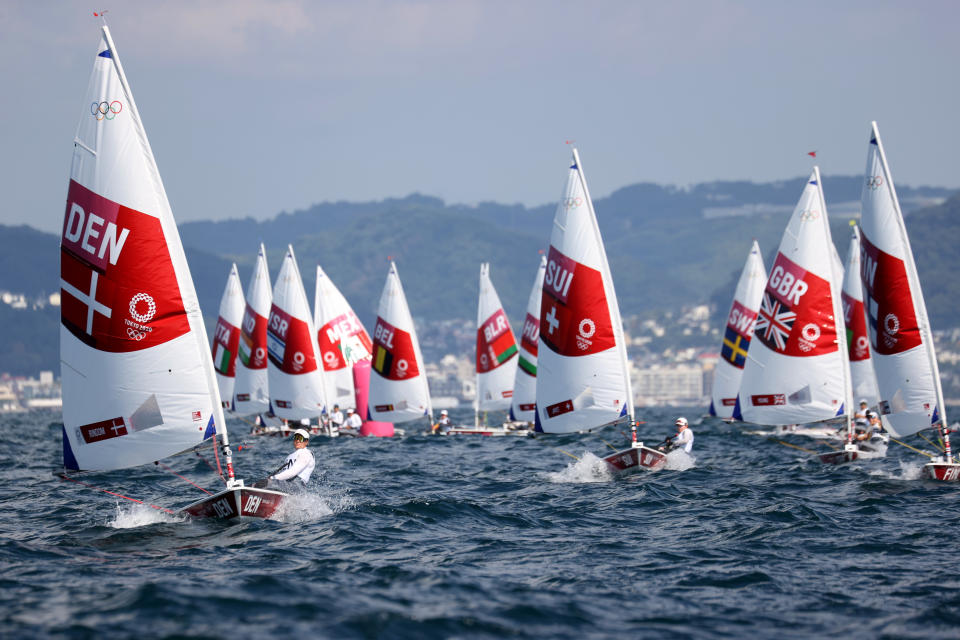 <p>FUJISAWA, JAPAN - JULY 25: Competition gets underway in the Women's Laser Radial class on day two of the Tokyo 2020 Olympic Games at Enoshima Yacht Harbour on July 25, 2021 in Fujisawa, Kanagawa, Japan. (Photo by Phil Walter/Getty Images)</p> 