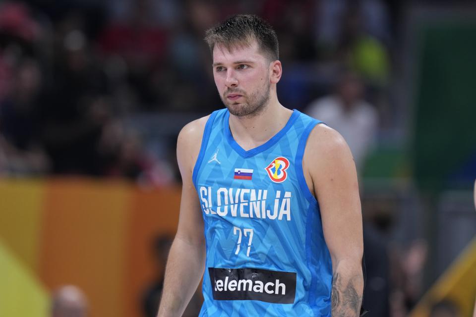 Slovenia’s Luka Doncic heads off the court after receiving his second technical foul during the second half of a Basketball World Cup quarterfinal game against Canada in Manila, Philippines, Wednesday, Sept. 6, 2023. | Michael Conroy, Associated Press