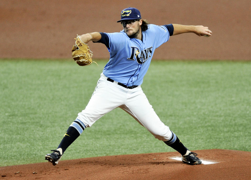 Tampa Bay Rays starter Josh Fleming makes his major league debut during the first inning of a baseball game against the Toronto Blue Jays, Sunday, Aug. 23, 2020, in St. Petersburg, Fla. (AP Photo/Steve Nesius)