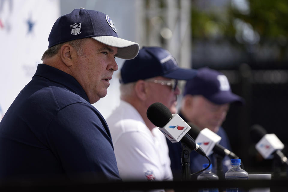 Dallas Cowboys head coach Mike McCarthy, left, speaks during a news conference along with executive vice president, CEO, and director of player personnel, Stephen Jones, center, and owner Jerry Jones ahead of the NFL football team's training camp Tuesday, July 25, 2023, in Oxnard, Calif. (AP Photo/Mark J. Terrill)